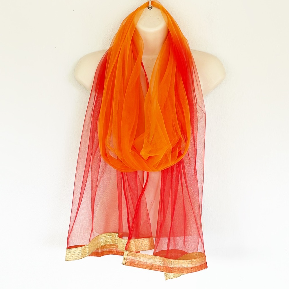 Orange red sheer mesh ombré gold trim dupatta scarf one size